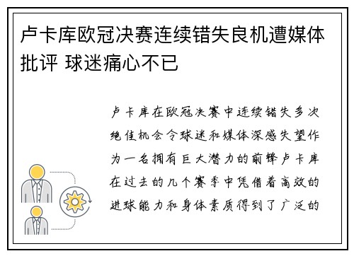 卢卡库欧冠决赛连续错失良机遭媒体批评 球迷痛心不已