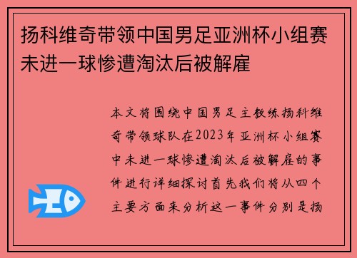 扬科维奇带领中国男足亚洲杯小组赛未进一球惨遭淘汰后被解雇